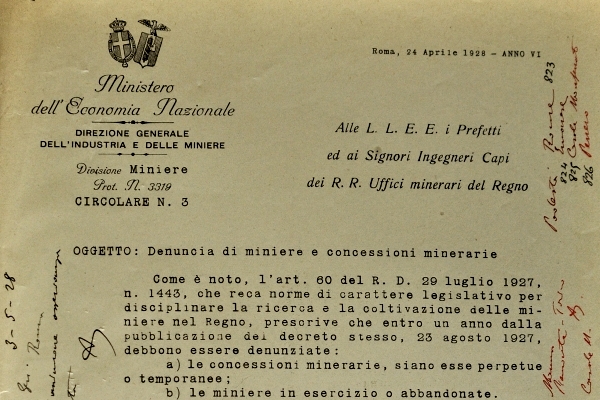 Legge 1728 del 23 Ottobre 1927. Norme di carattere legislativo per disciplinare la ricerca e la coltivazione delle miniere nel Regno.