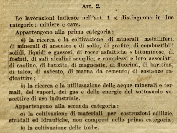 Legge 1728 del 23 Ottobre 1927. Norme di carattere legislativo per disciplinare la ricerca e la coltivazione delle miniere nel Regno.